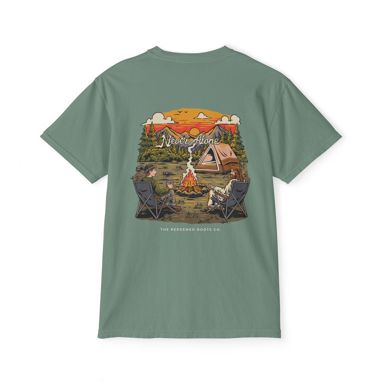MEN NEVER CAMP ALONE POCKET TEE