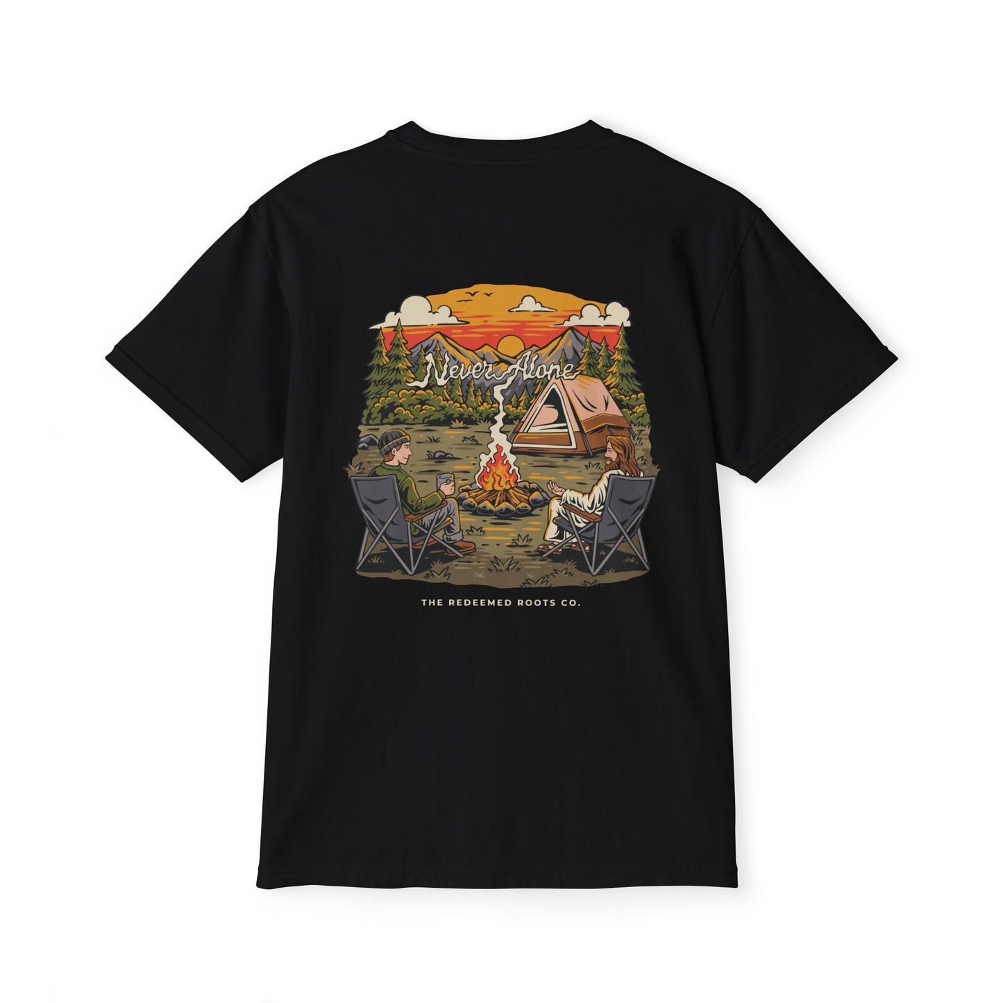 MEN NEVER CAMP ALONE POCKET TEE